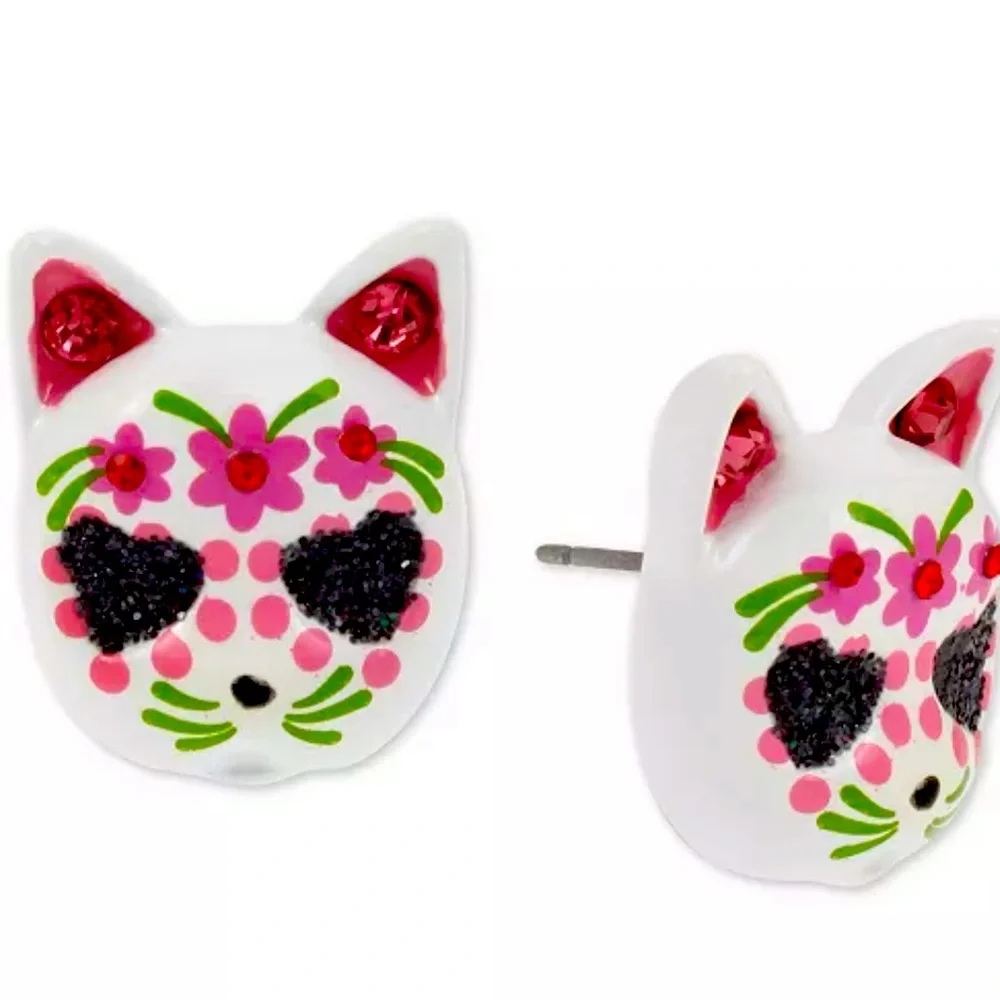 New Betsey Johnson Sugar Skull Cat Stud Earrings - Picture 1 of 12